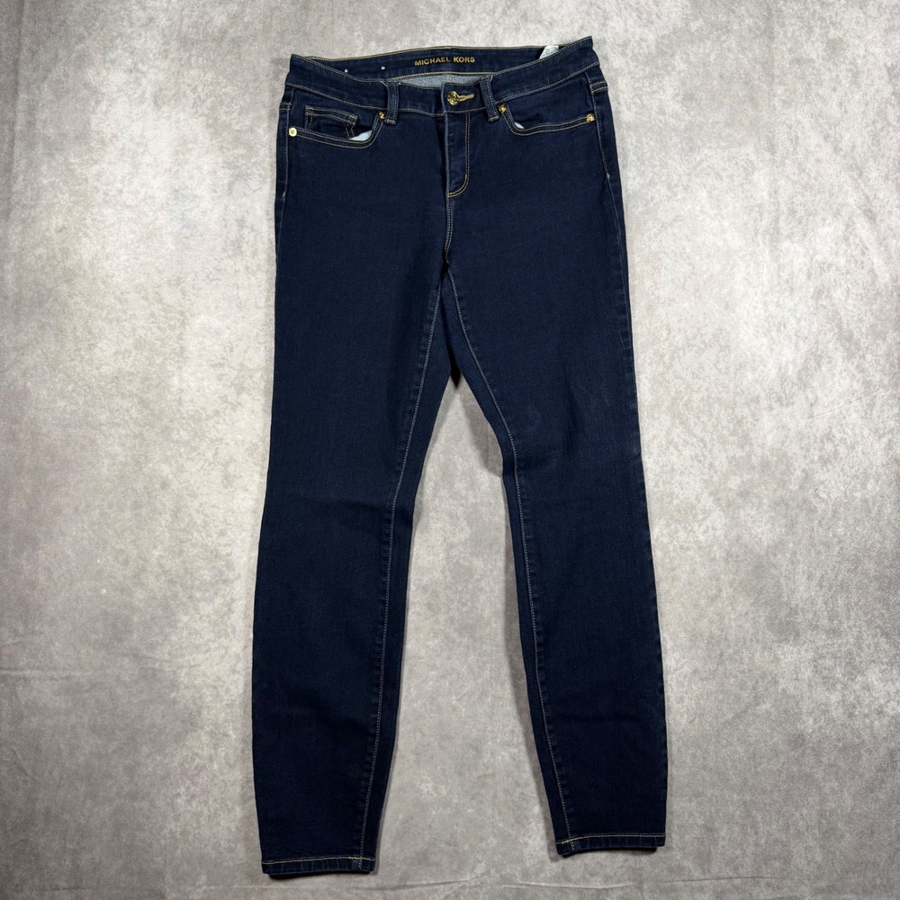Michael Kors Izzy Skinny Jeans Women 4 Dark Wash Gold MK Logo Denim Blue Stretch
